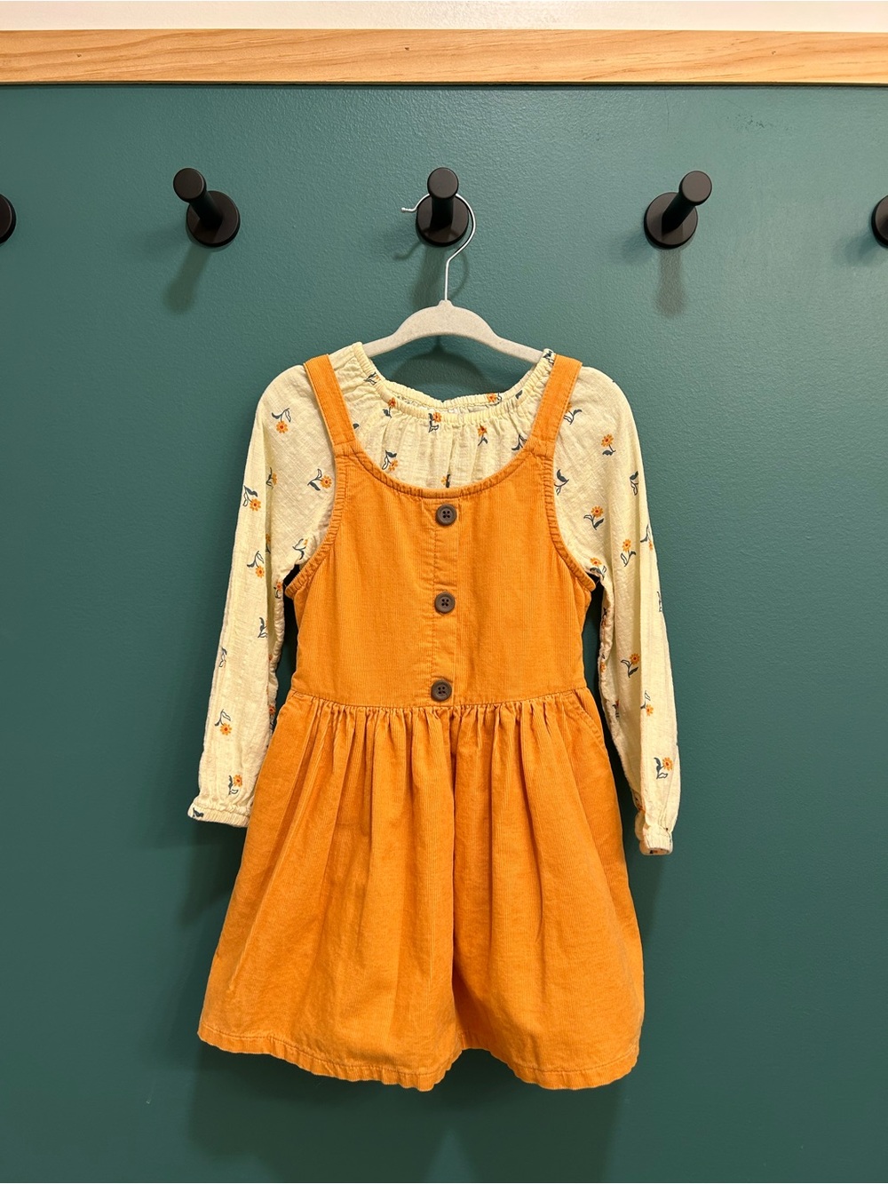 Girls Orange Corduroy Pinafore Dress with Floral Cream Top